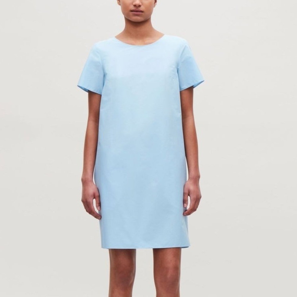 COS Light Blue Cotton Draped Back Shift Mini Shirt Dress Short Sleeve Size 12